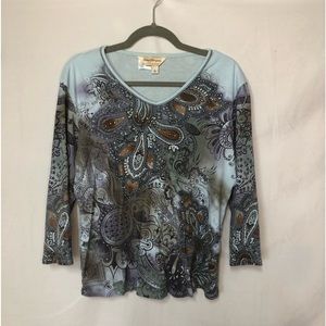 Norm Thompson Women’s 3/4 Length Tee Shirt V Neck Paisley Crystal Vintage